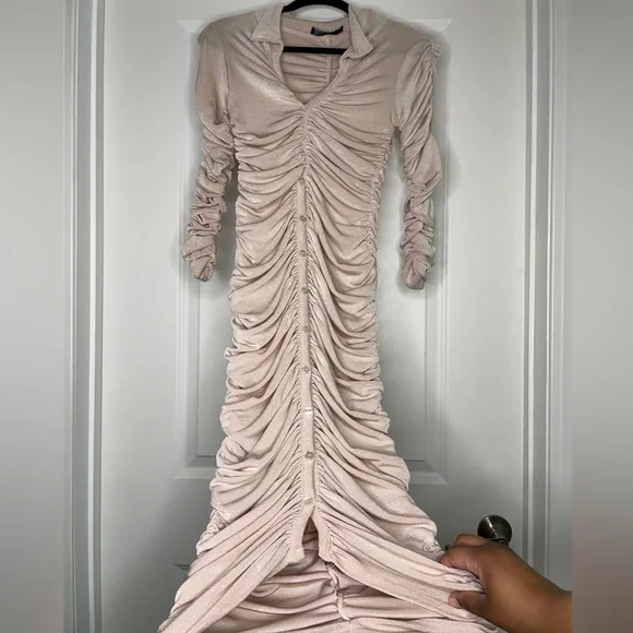 Pretty Little Thing Beige Ruched Slinky Midi Dress - Picture 8 of 9